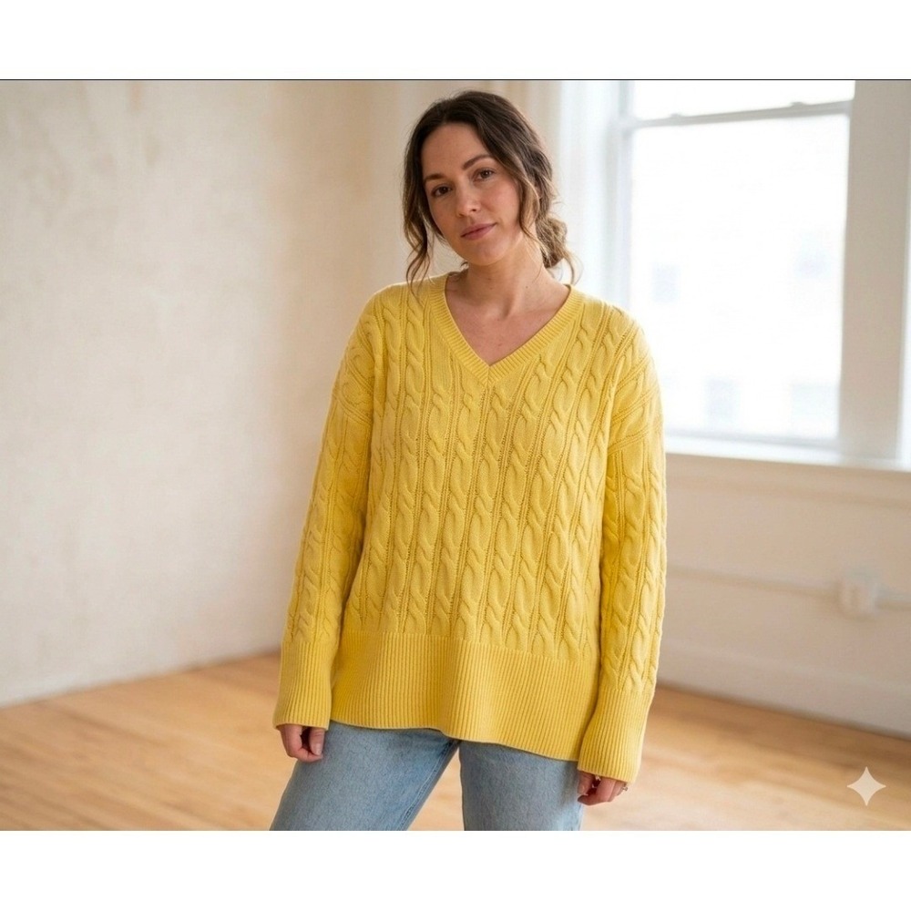 Jones New York Cable Knit Sweater Women Large Yellow Preppy Classic Preppy